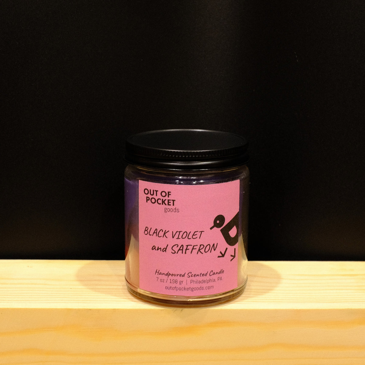 Black Violet and Saffron handcrafted candle – alternate view